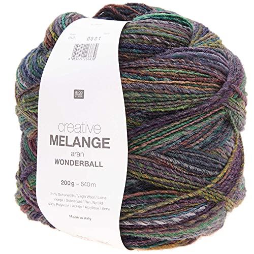 Rico Creative Melange Aran Wonderball Fabe 12, Farbverlaufswolle Nadelstärke 5 mm zum Stricken oder Häkeln, Wolle 200g Knäuel