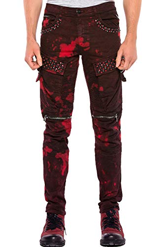 Cipo & Baxx Herren Jeans Hose Ripped Slim Fit Biker Jeans Denim Zipper Nieten Jeans Hose Burgundy W34 L32