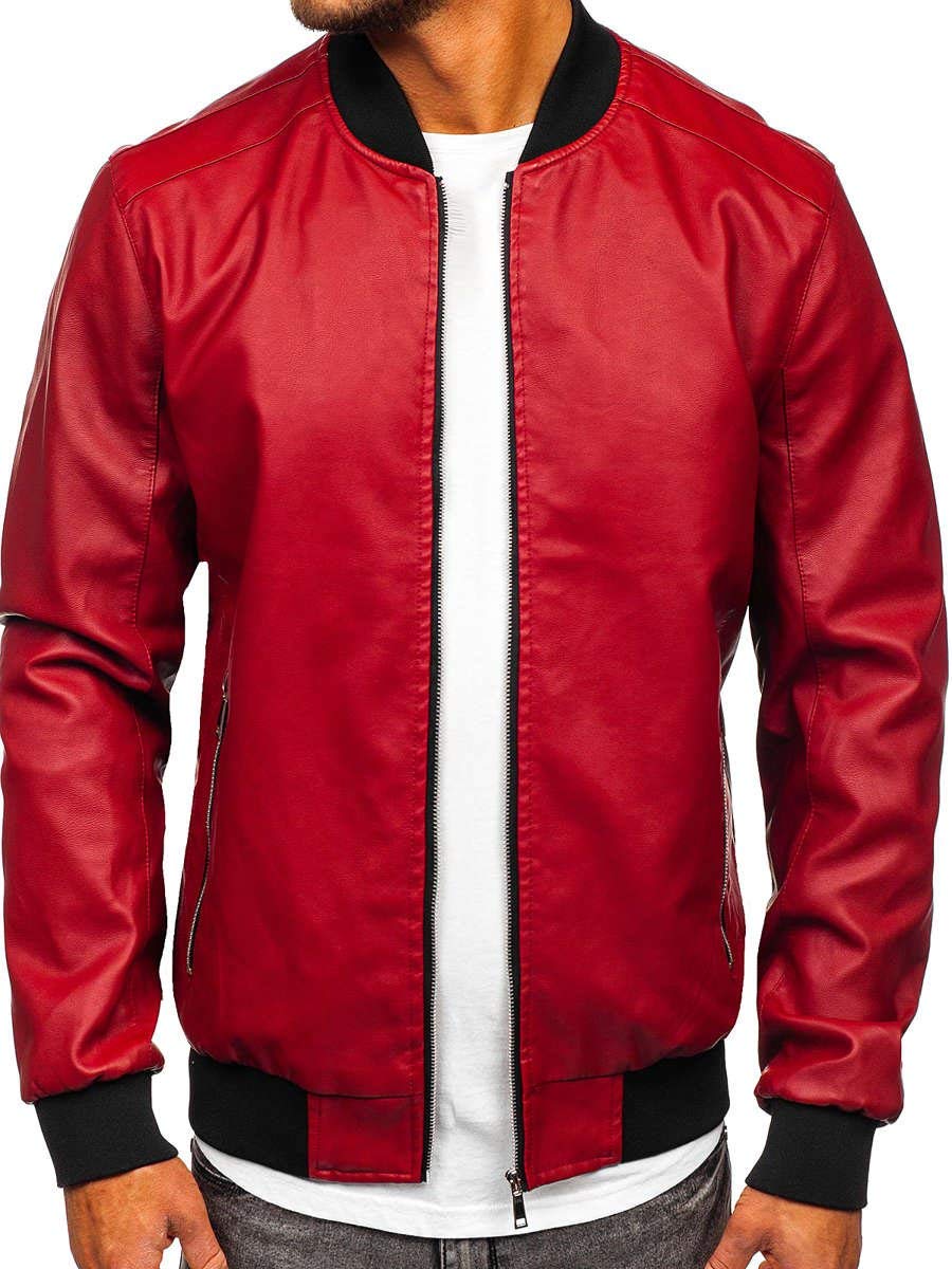 BOLF Herren Lederjacke Kunstlederjacke Bikerjacke Übergangsjacke Steppjacke Kapuze Motorradjacke Pilotenjacke Fliegerjacke Bomberjacke Stehkragen Casual Style J.BOYZ 1147-1 Rot XL [4D4]