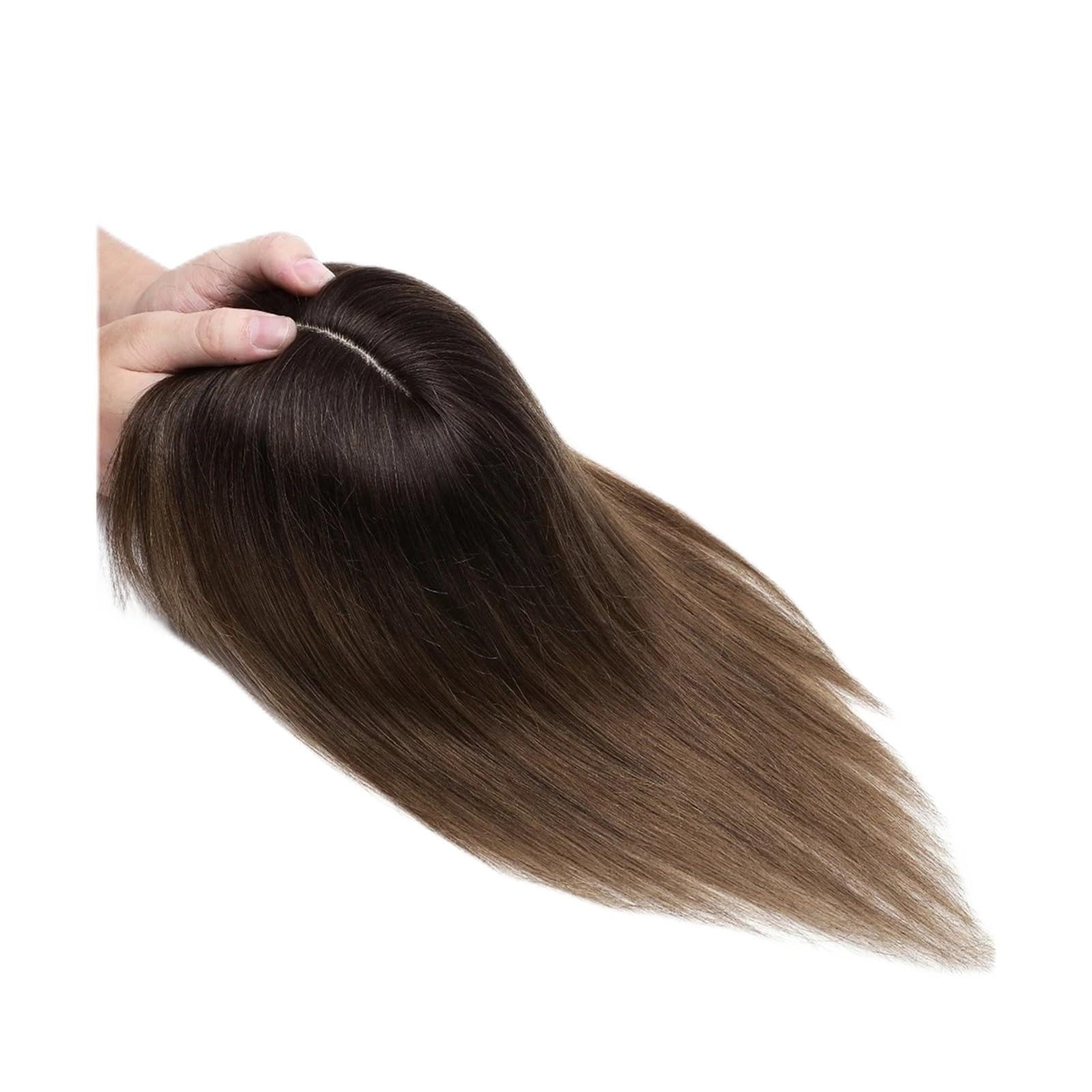 Haartopper für Frauen 6"-18" glattes Echthaar-Topper-Haarteil mit Pony, 7 * 12,5 cm Haar-Topper auf Seidenbasis for Frauen mit schütterem Haar oder Haarausfall, 3-fach einsteckbar Haarteil Topper Toup