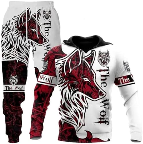 RIAAJ Unisex 3D Wolf Druck Hoodie Herren Jogginganzug Unisex Sweatshirts Hoody + Hose Sets (F1,4XL)