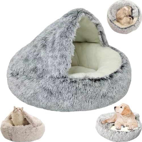 Feaolala Beruhigendes Katzenbett, flauschiges Plüsch, Kätzchenbett, waschbar, Anti-Angst, Welpenbett, Haustierbett für Indoor-Katzen, kleine Hunde, weich, warm, Donut-Katzenschlafsack,