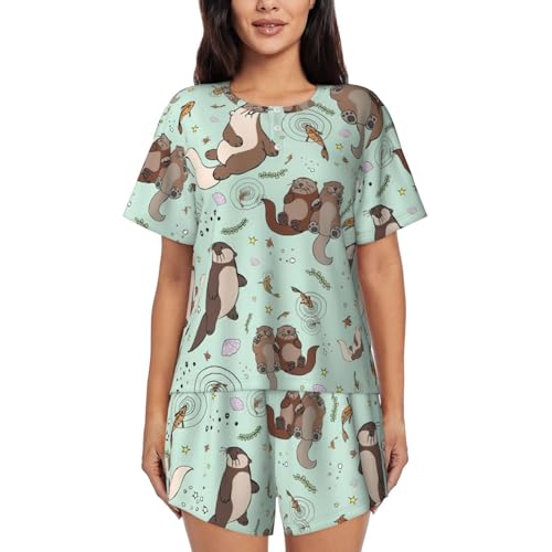 YQxwJL Damen-Pyjama-Set mit Otter-Aufdruck, kurze Ärmel, Lounge-Set, Nachtwäsche, lässiger Schlafanzug mit Taschen, Schwarz , 36