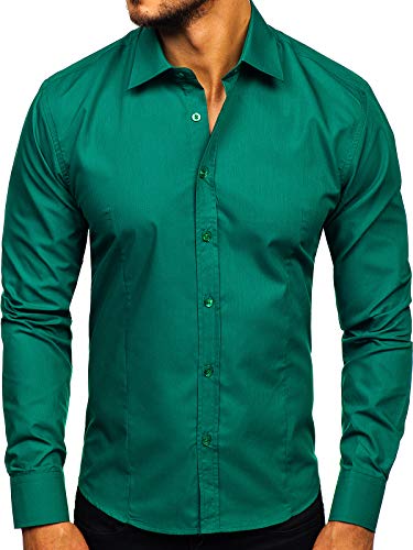 BOLF Herren Hemd Langarm Freizeithemd Classic Elegant Buisness Party Bügelleicht Farbwahl Unifarben Einfarbig Basic Slim fit 1703 Grün(Dunkel) XL [2B2]