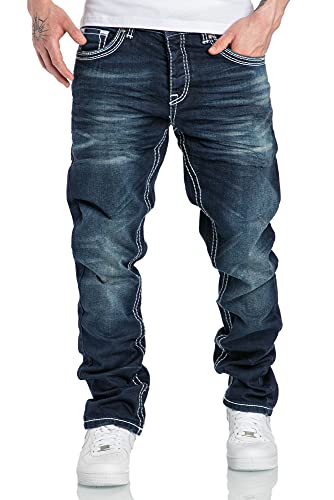 Amaci&Sons Herren Dicke Nähte Destroyed Jeans Regular Slim Denim Hose Fit 7983WC Dunkelblau W30/L30