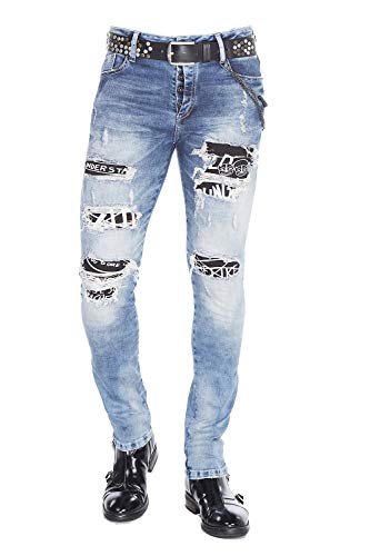 Cipo & Baxx Herren Jeans Destroyed-Look Used Zerrissen Rockig Skinny Denim Jeanshose CD417 W34 L32 Blau