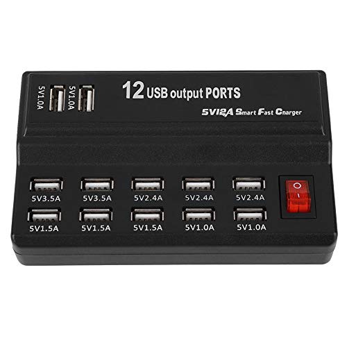 Garsent USB Ladegerät 12 Port 5V 10A Eingang Multi USB Ports Ladestation für iPhone,,Tablet und andere Android Geräte (schwarz)(EU 110-240V)