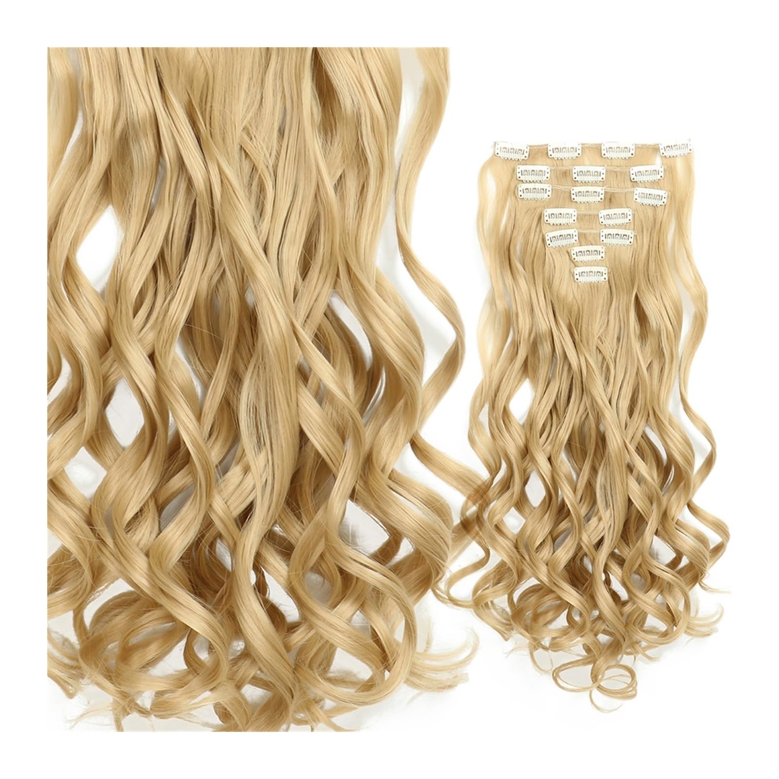 Clip-in-Haarverlängerungen 24-Zoll-Clip-in-Haarverlängerungen, lang, gewellt, 7 Stück, 16 Clips in Haarverlängerungen, lange gewellte synthetische blonde schwarze Haarteile, hitzebeständiges Kunsthaar