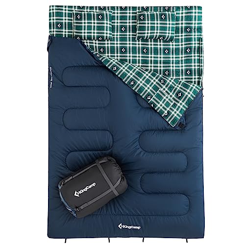 KingCamp Doppelschlafsack Winter Schlafsack 2 Personen Outdoor Warmer Deckenschlafsack Tragbar Leicht 3-4 Jahreszeiten mit 2 Flanell Kissen Camping Schlafsack für Kinder & Erwachsenen 4kg Blau