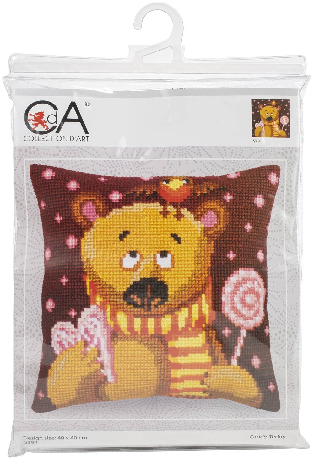 Collection d'Art 5394 Teddy mit Lutscher Kreuzstichkissen, Baumwolle, Mehrfarbig, 40x40cm