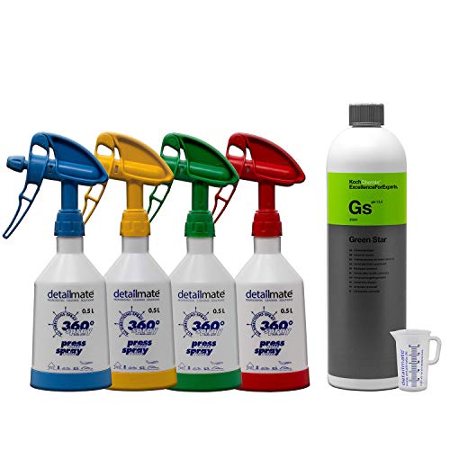 4 Stück Kwazar Mercury Super PRO+ 360 Grad VITON Sprühflasche 0,5 Liter + 1 Liter KOCH Chemie Green Star Universalreiniger + Detailmate 50ml Messbecher