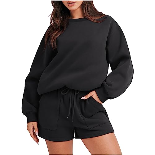 WANGTIANXUE 2 Teiliges Sportanzug Damen Outfit Sweatsuit Übergroßes Langarm Sweatshirt und Lounge-Shorts Herbst Sport Set 2023 Lässiges Gemütliches Pyjama Trainingsanzug Set