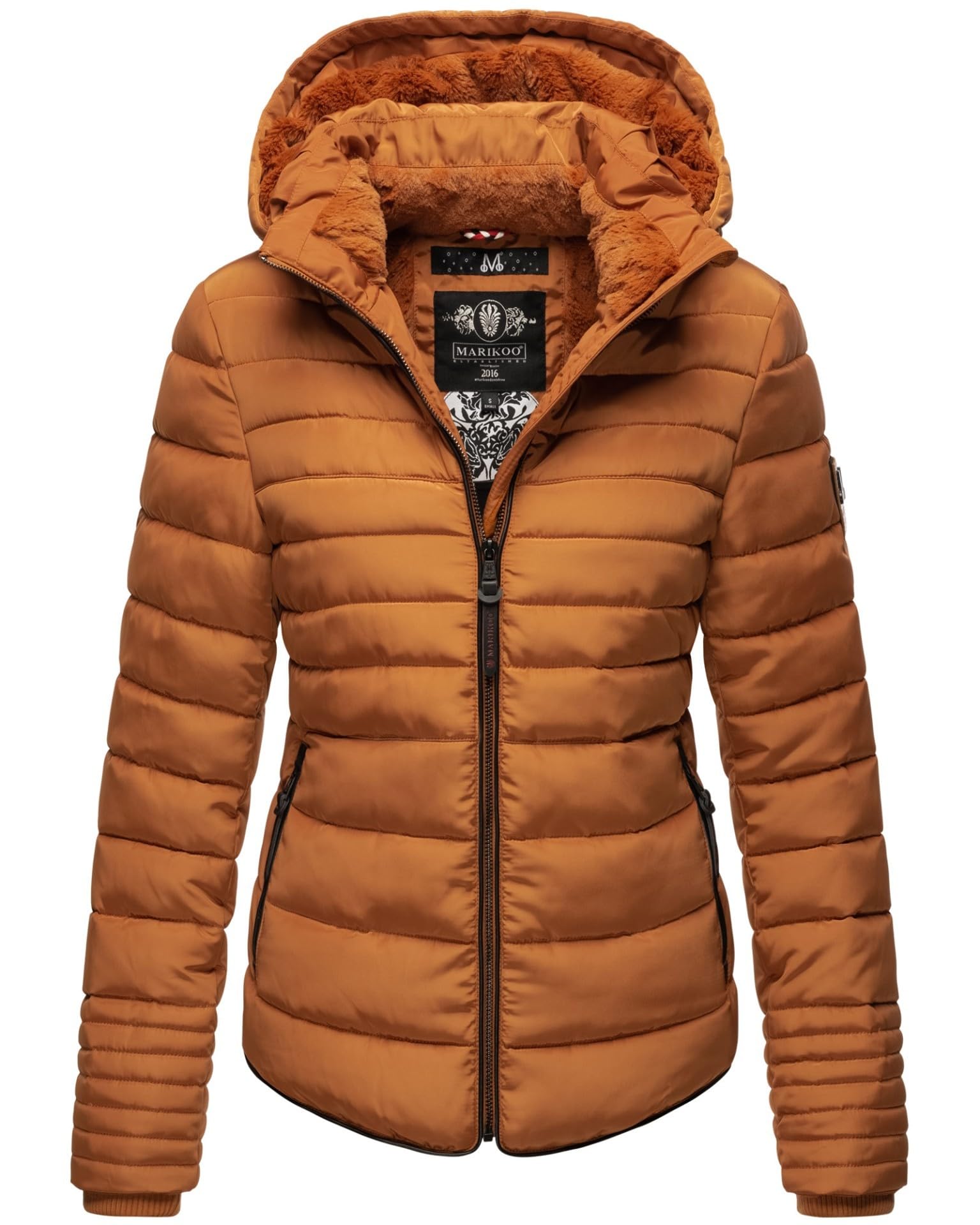 MARIKOO Damen Winter Jacke Steppjacke Stehkragen Teddyfell warm gefüttert B354 [B354-Amber-Cinnamon-Gr.M]