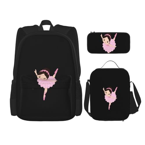 WURTON Little Ballerina Tanzendes Mädchen Druck Verstellbare Schultergurte Rucksack Set Mittagessen Tasche Federmäppchen Kombination Taschen Set