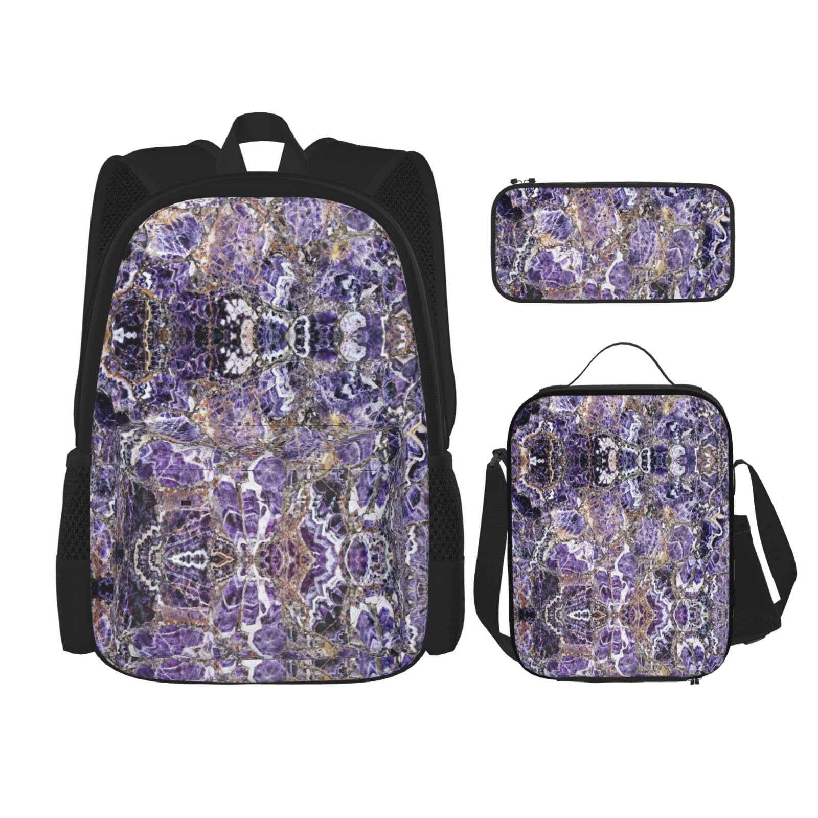 WURTON Rucksack mit Marmor-Motiv, violett, Schultasche mit Lunch-Tasche, Federmäppchen, Kombination, Schultaschen-Set