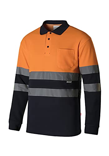 VELILLA 305515; Poloshirt aus Baumwolle, zweifarbig und langärmlig, Marineblau und Neonorange, Größe M