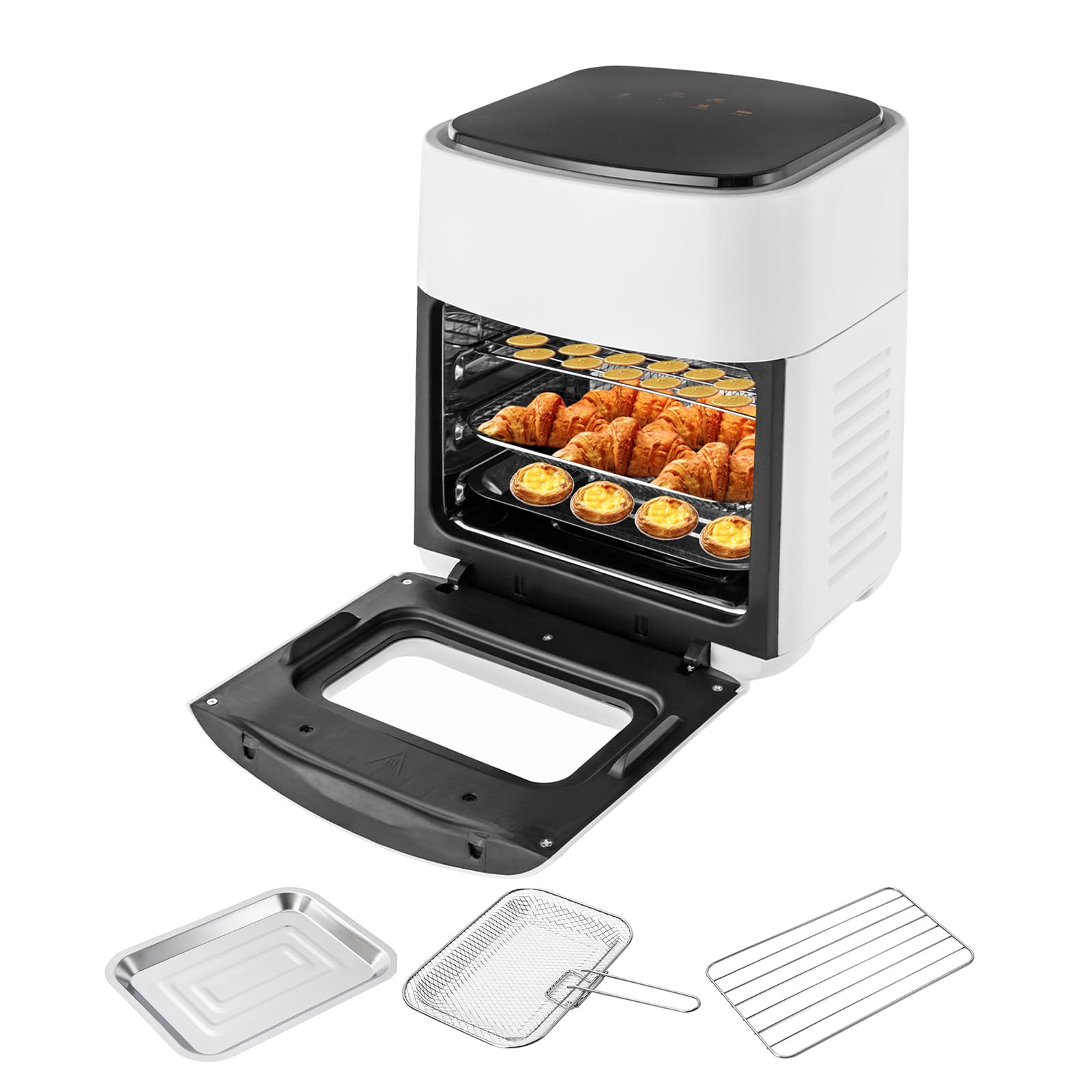 15L Heißluftfritteuse, 1400W Friteuse Air Fryer Dörrautomat Backofen Grill mit Sichtfenster, LED Display, Touchscreen, fettfrei grillen ohne Öl (Weiß)