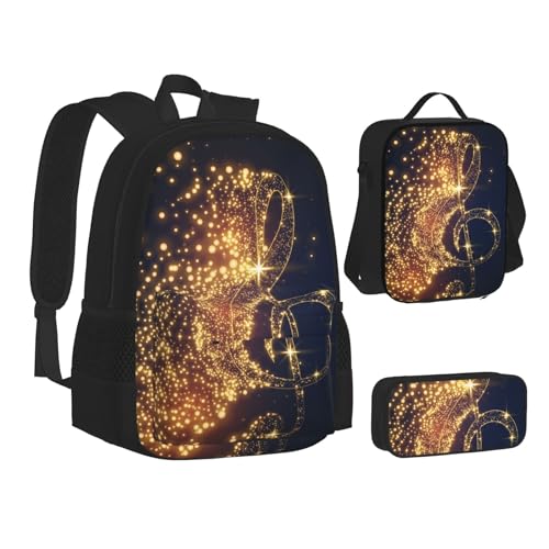 WURTON Schulrucksack-Set mit goldenem Musiknoten mit glänzendem Sternendruck, Teenager, Büchertasche, Federmäppchen, 3-in-1, Schulrucksäcke, Kinderrucksack