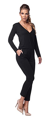 Lemoniade stylischer Jumpsuit V-Ausschnitt und raffinierten Details, Schwarz Langarm, Gr. XL