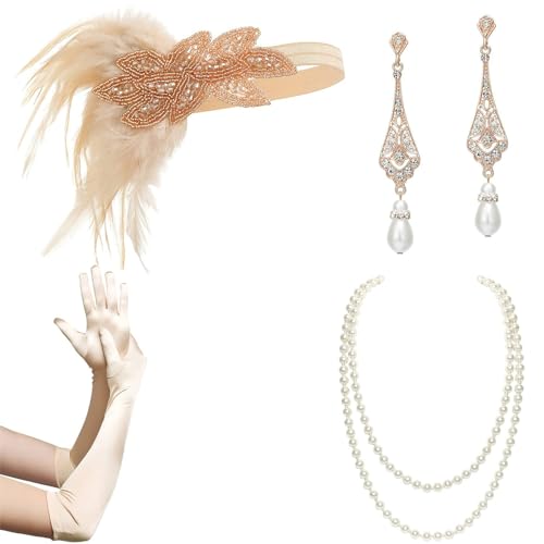 MEELYHOME Weibliches Flapper-Kostüm GatsbyParty Stirnband Halskette Ohrringe Handschuhe 1920er Jahre Vintage Cosplay Party Kostüm Zubehör Set Vintage Zubehör Set Mädchen Kostüm Zubehör Partyzubehör