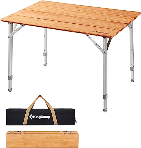 KingCamp Klapptisch aus Bambus, umweltfreundlich, Campingtisch mit verstellbaren höhenverstellbaren Aluminiumbeinen, robust, 4-fach faltbar, Outdoor und Indoor, 1–2 Personen