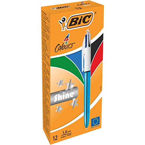 BIC 949896 4 Colours Shine Kugelschreiber - Blau Metallic Body (12 Stück)