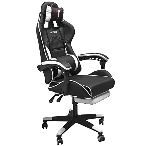 Trisens Gaming Stuhl im Racing-Design mit Fußstütze Gaming Bürostuhl mit Armlehnen ergonomischer Gaming Schreibtischstuhl mit verstellbarem Rückenstützkissen und Nackenkissen, Farbe:Schwarz/Weiß