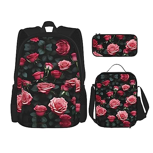 WURTON Rose Flower Of Many Print Travel Lunch Box Pencil Case Backpack Set 3 Pieces Adjustable Straps Lightweight, Schwarz, Einheitsgröße