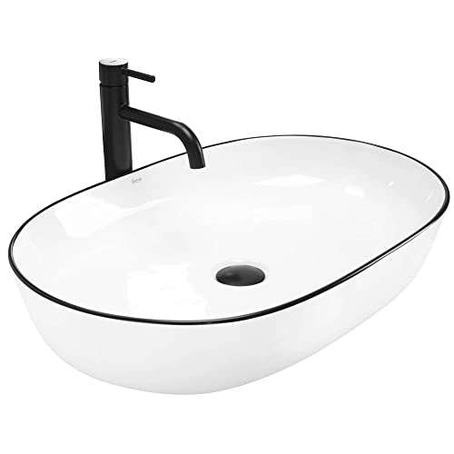 Rea Aufsatzwaschbecken Cleo White Black Edge Waschtisch Handwaschbecken Spülbecken Waschschale Waschbecken für Badezimmer aus hochwertiger Keramik 410 x 605 x 140 mm (weiß/schwarz)