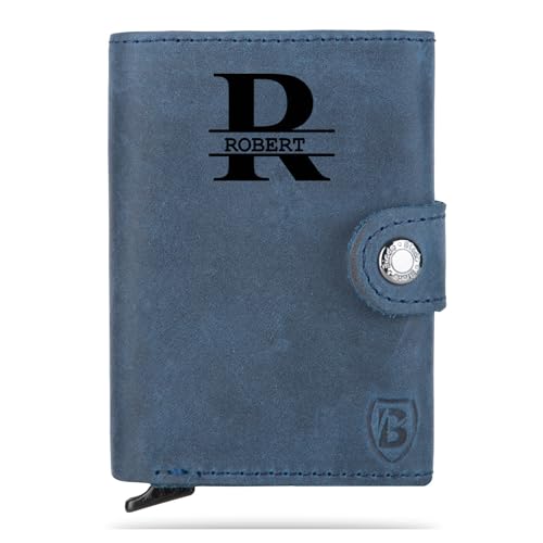 Blade® Personalisiertes Slim Kartenetui für Herren/Damen - Wallet mit Pop-Up-Funktion | Leder Kreditkartenetui mit RFID Schutz | Platz für 6-8 Karten | Individuelles Karten Portemonnaie-Navy