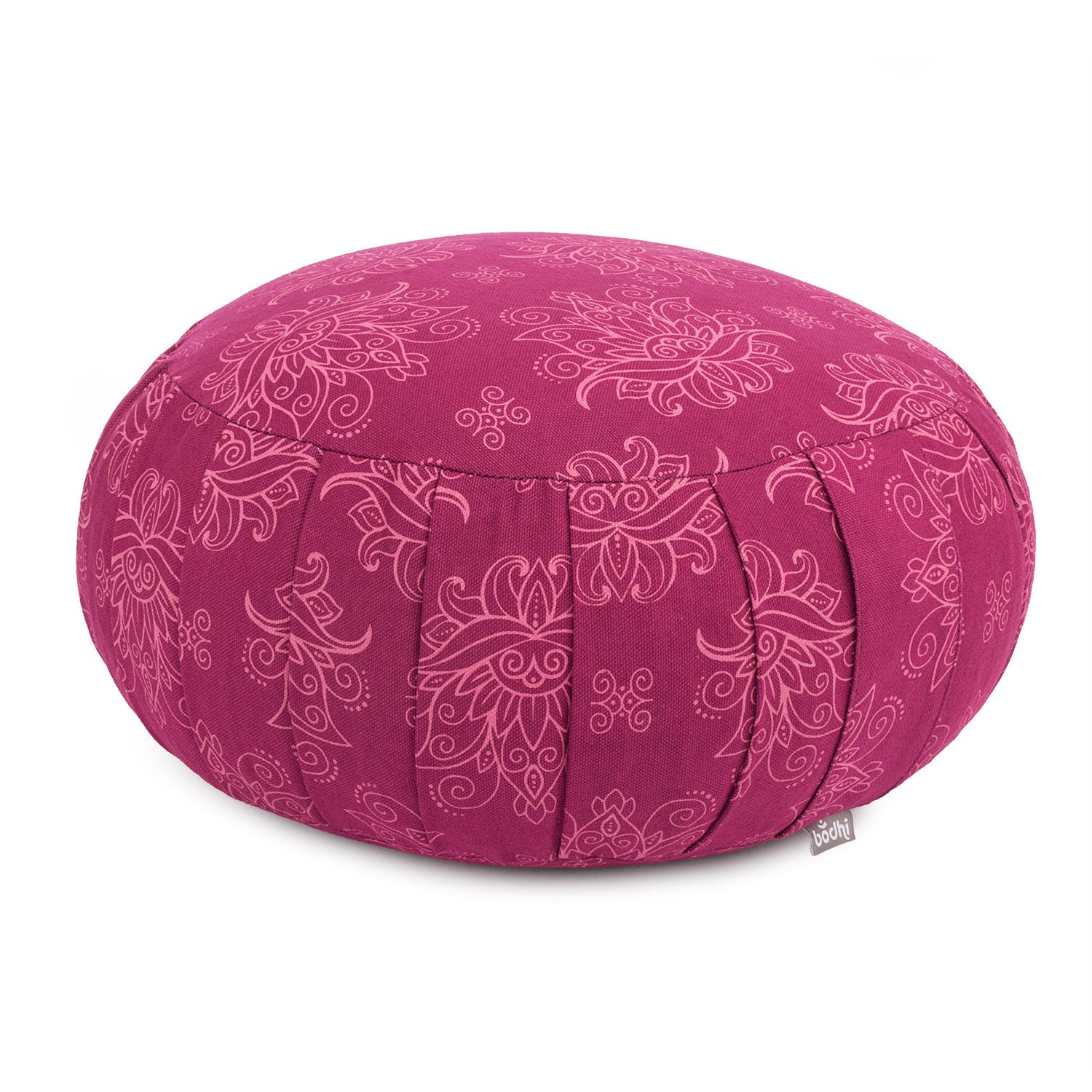 BoBodhi Meditationskissen ZAFU | Ø 34 cm | Maharaja Collection | Yogakissen mit Dehnfalten und Tragegriff | Bezug aus 100% Baumwolle | Sitzkissen mit Bio-Dinkelfüllung | Lotus/Berry