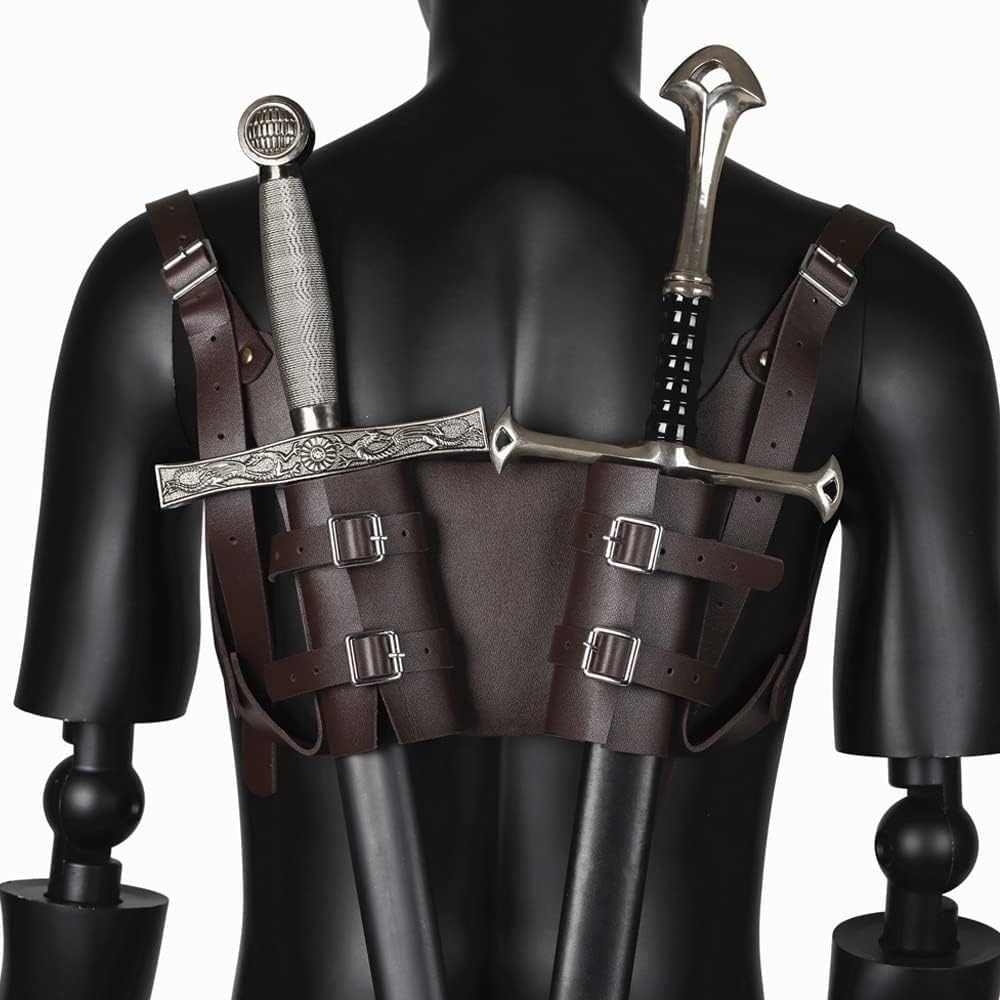 MAUXpIAO Mittelalterlicher Schwertgürtel, Wikinger Retro Doppel-Schulter-Leder-Schw﻿ert-Holster, Cosplay Ritter-Pirat Doppel-Schwert Frosch-Schwert-Halter Für Männer Frauen,Schwarz echt/A/A