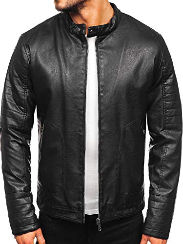 BOLF Herren Lederjacke Kunstlederjacke Bikerjacke Übergangsjacke Steppjacke Motorradjacke Pilotenjacke Fliegerjacke Bomberjacke Kapuze Stehkragen Casual Style ALNWICK 92531 Schwarz L [4D4]