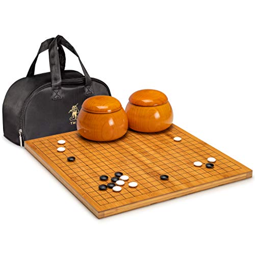 Yellow Mountain Imports Bambus 2 cm Wendbar 19x19/13x13 Go-Spiele-Set mit Doppelt Konvexen Koreanischen Gehärteten Glas Paduk Steinen & Jujube-Schalen - Klassisches Strategie-Brettspiel (Baduk/Weiqi)