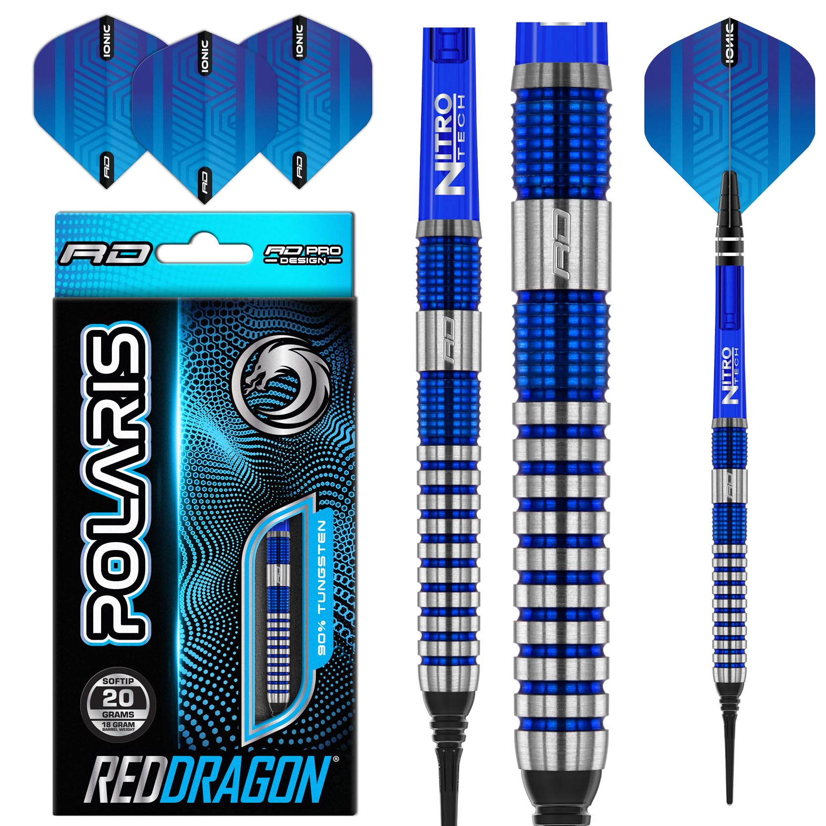 RED DRAGON Polaris Softip: 20 gram Wolfram Professional Darts Set mit Flights and Nitrotech Shafts (Stems)