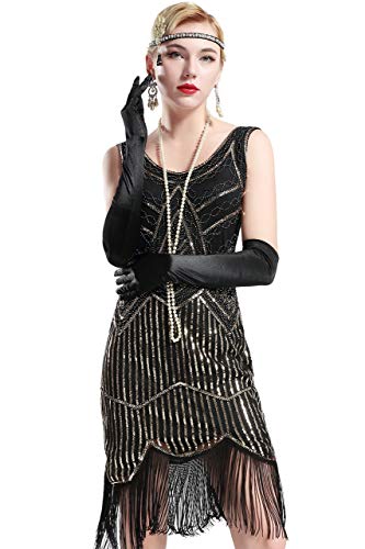 BABEYOND Frauen Art Deco V-Ausschnitt 20s Gatsby Fringed Sequin Flapper Kleid (Etikette L/ UK16/ EU44, Schwarz und Gold)