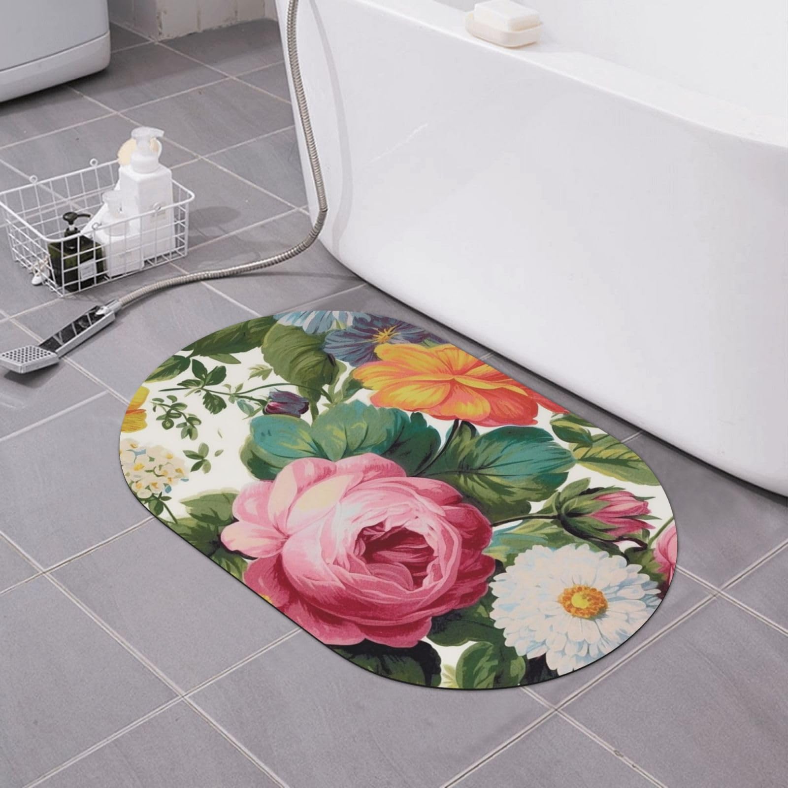 CSGJMYGS Badematte mit Blumenmuster, Kieselgur mit Blumenmuster, weich, rutschfest, super saugfähig, Badezimmer-Bodenmatte, schnell trocknend, Kieselgur für Badezimmer, 60 x 40 cm