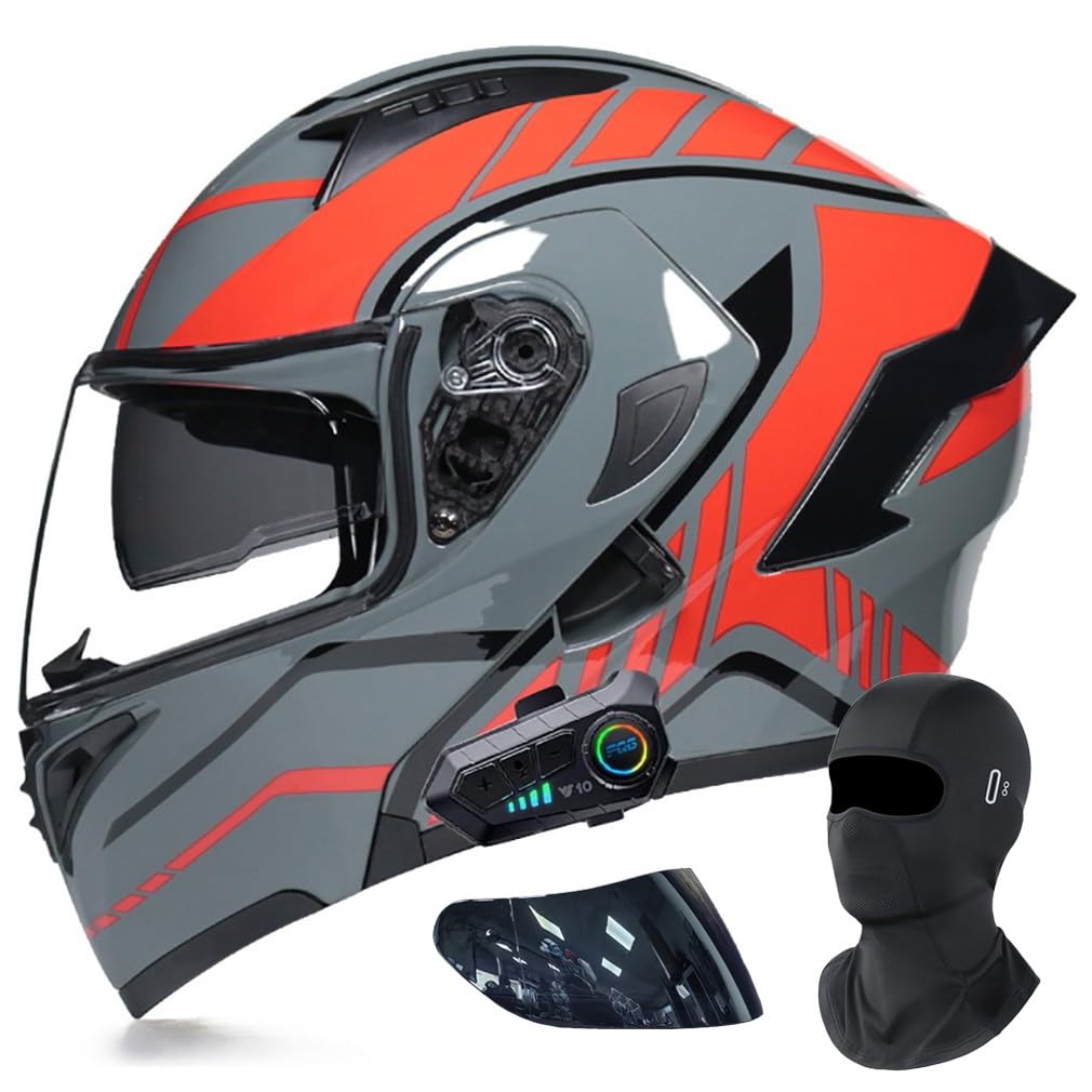 Klapphelm mit Bluetooth Doppelvisier Modularer Helm Mit Gesichtsmaske Geliefert ECE Zertifiziert Motorradhelm Abnehmbares Futter mit Eingebautem Mikrofon für Automatische Reaktion