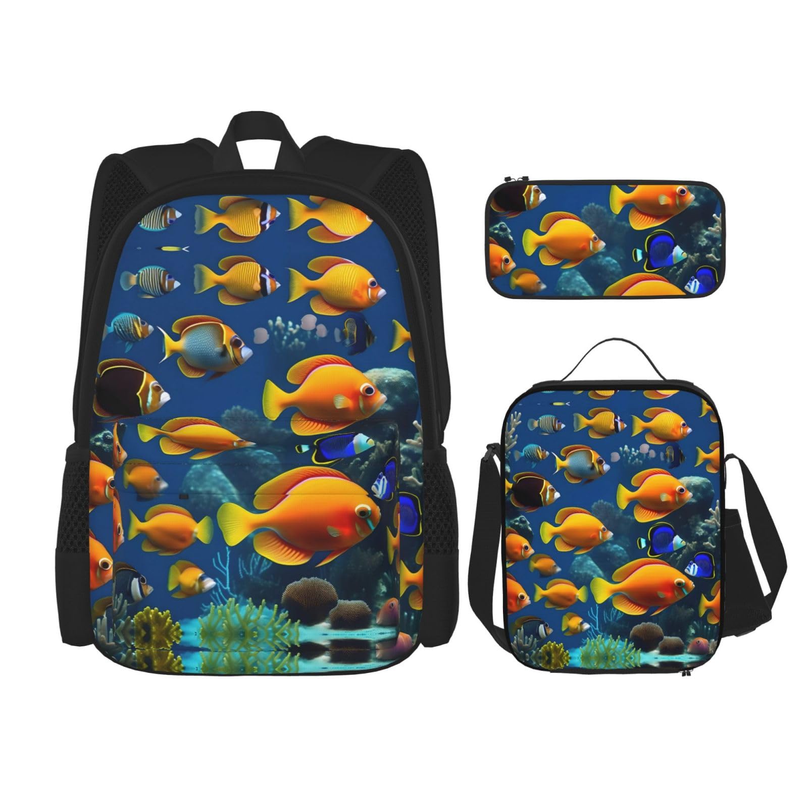 WURTON The Underwater World Lunchbox mit tropischen Fischen, Federmäppchen, Rucksack-Set, 3-teilig, verstellbare Riemen, langlebig, leicht, Schwarz, One Size