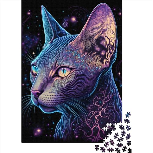 Schwarzlicht-Katze, Holzpuzzle, Puzzle für Erwachsene, Teenager, Erwachsene, 1000 Teile, interessantes Puzzle zur Stressreduzierung, 75 x 50 cm