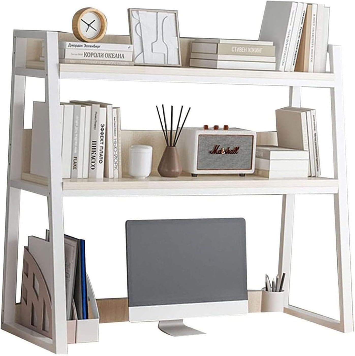 QYZUJIKL Desktop-Bücherregal Trapezförmiges Desktop-Bücherregal, Metall-Holz-Computer-Schreibtisch-Bücherregal, Schreibtisch-Bücherregal-Organizer-Rack