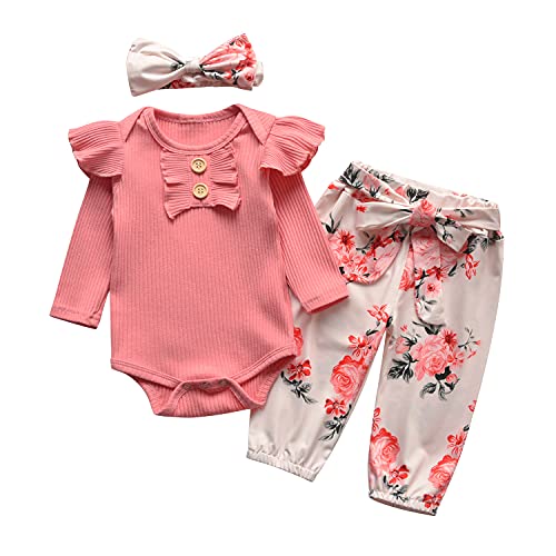 Tinykeke Neugeborenes Baby Mädchen Kleidung Sets Kleinkind Langarm Strampler Rüschen Tops & Blumen Bedruckte Hosen und Stirnband 3 Stück Outfits Sets (3-6 Monate) Rosa