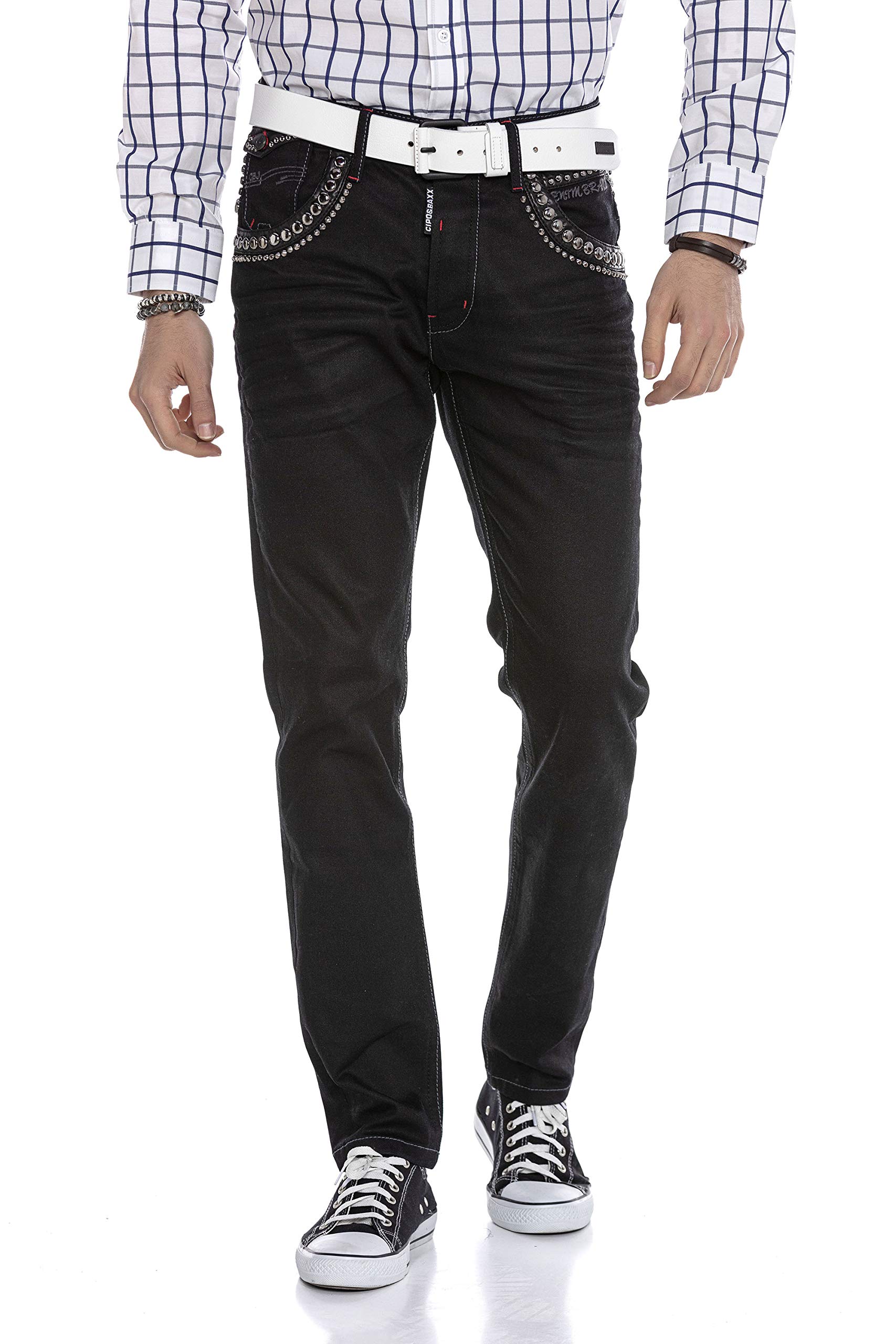 Cipo & Baxx Herren Jeans Hose Denim Nieten Bestickt Regular Fit Pants CD663 Schwarz W42 L34