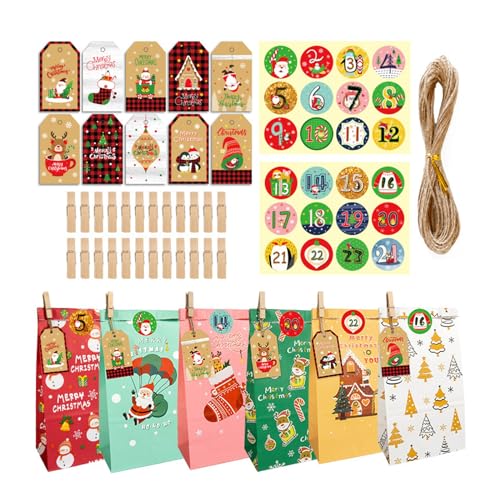 MEELYHOME 24-teiliges Weihnachts-Geschenktüten-Set mit Aufkleber-Etiketten, Geschenkpapier und Seil, Weihnachtsparty-Leckerli-Tüten-Set