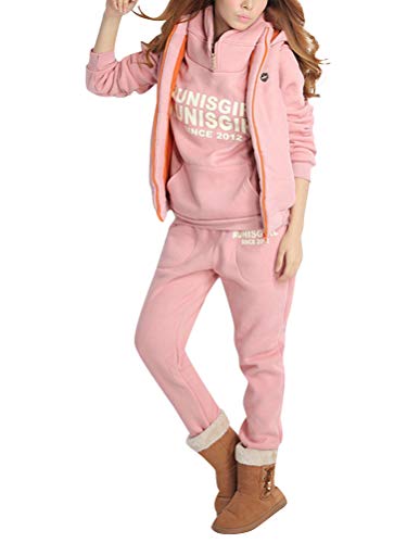 ShallGood Damen Sets Damen Casual 3 In 1 Sportanzüge Jogginganzug Kapuzenpullover Kapuzenjacke Hoodie Sweatshirt + Weste + Hose Trainingsanzug Winter Dicke Kapuzenjacke Rosa DE 38