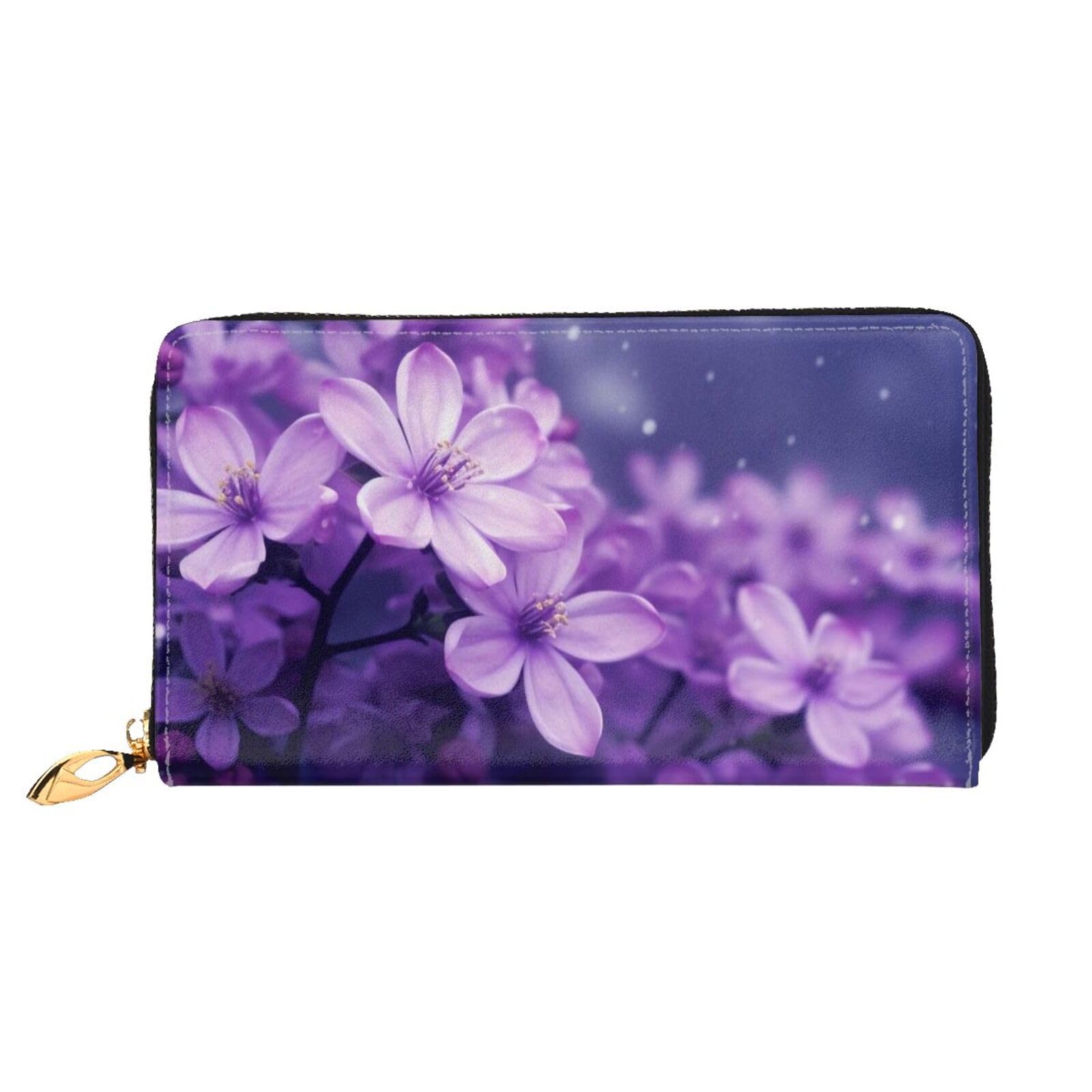 DENMER Coconut Beach Sunset Hängematte Leder Geldbörse Kunstleder mit metallischem Reißverschluss geräumiges und stilvolles Accessoire für moderne Frauen Produkt, Blühende violette Blumen,