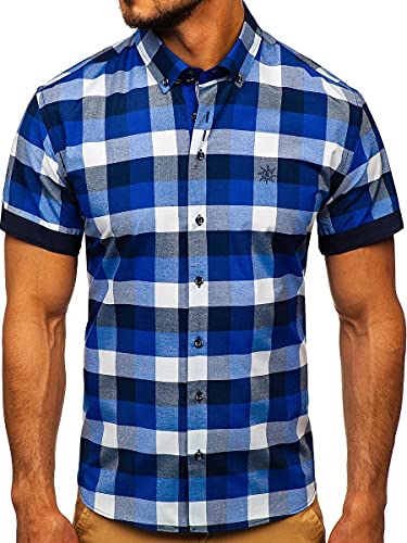 BOLF Herren Kurzarmhemd Kariert Freizeithemd Kurzärmliges Elegant Business Party Hemd Kentkragen Sommer Farbwahl Slim Fit Casual Style 5532 Dunkelblau S [2B2]