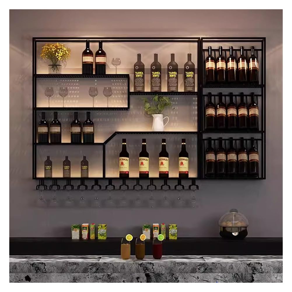 Hängende industrielle runde Weinregale, An der Wand montiertes Weinregal mit LED-Licht, multifunktionales Lagerregal for Weingläser for die Bartheke, Präsentationsregal for Spirituosenflaschen(A/200x2