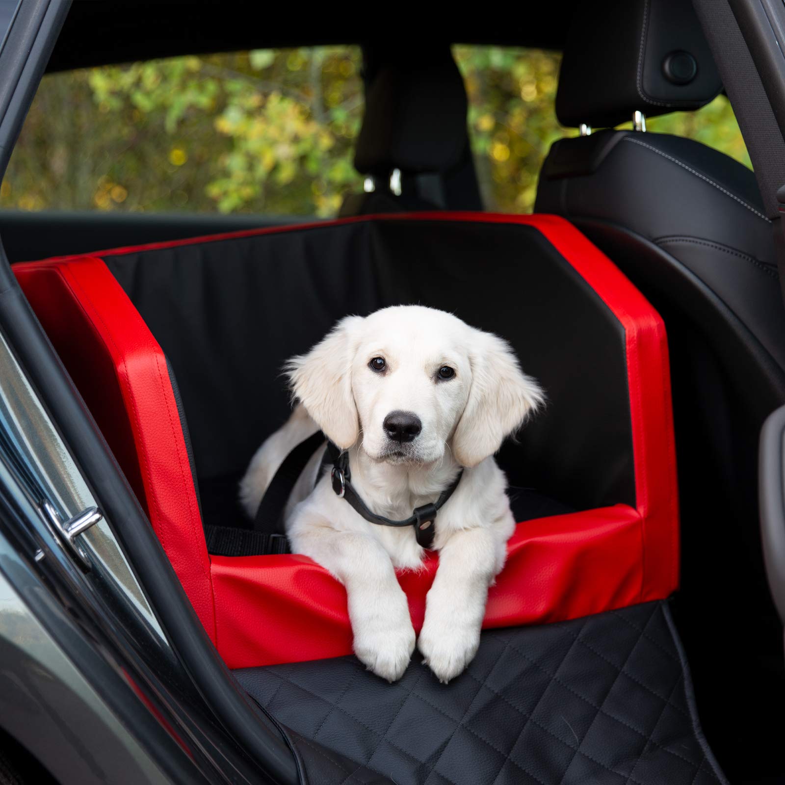 CopcoPet Rücksitz Hundeautositz Autohundebett Hundebett Transportbett Autoschondecke (55 x 55 x 38 cm Orthopädisch, Rot-Schwarz)