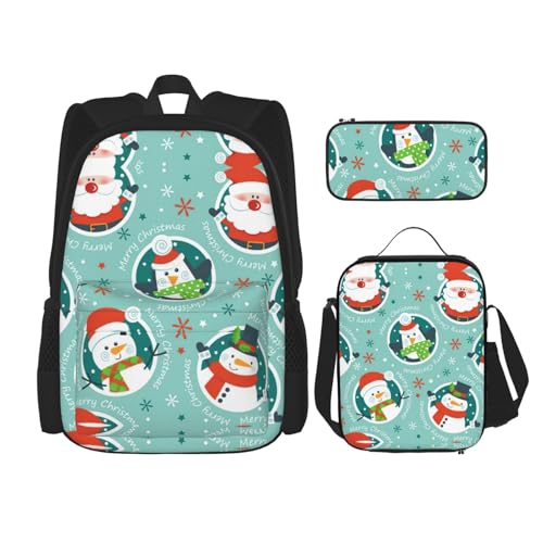 WURTON Rucksack mit Weihnachtsmann-Pinguin-Druck, Schultasche mit Lunchtasche, Federmäppchen, Kombination, Schultaschen-Set